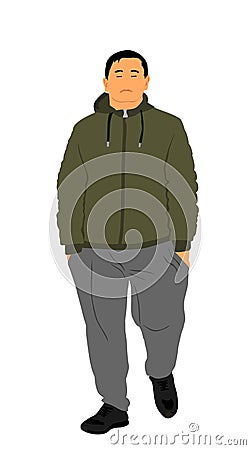 Man in sport wear walking the street vector illustration. Boy with hands in pockets in sweat suit and sneakers. Vector Illustration