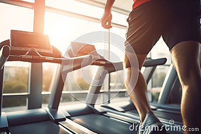 Man in sportswear exercising on treadmill machine. People running on a treadmill in the gym fitness club. Generative AI Stock Photo