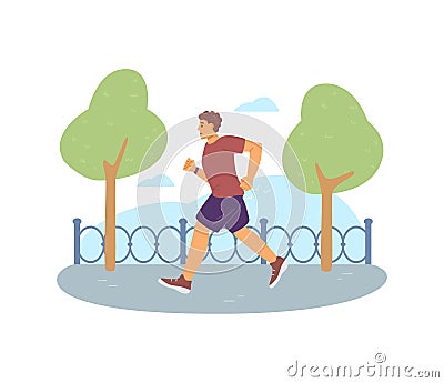 Male athlete in sportswear running marathon or training in park outdoors. Vector Illustration