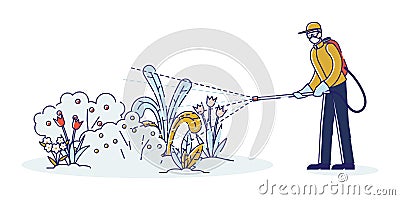 Man spraying pesticide and insecticide on flowers in garden. Chemical treatment of plants concept Vector Illustration