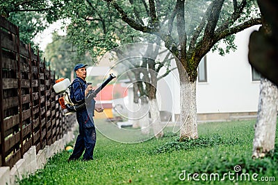 Man spraying toxic pesticides and herbicides in fruit orchard Stock Photo