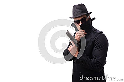 The man spy with handgun isolated on white background Stock Photo