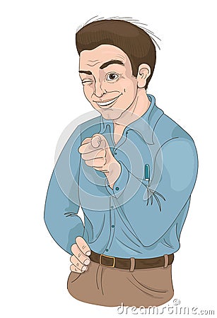 Man with squinty eye pointing finger and smiling Vector Illustration