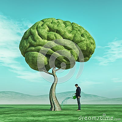 Man squirting a big tree shaped human brain Cartoon Illustration