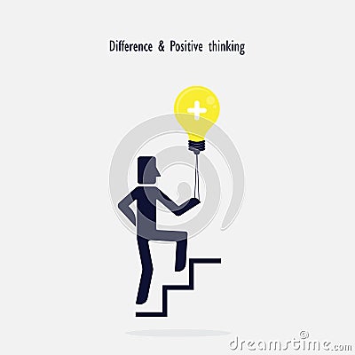 Man on Stairs going up and creative light bulb symbol. Vector Illustration