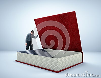 Man on stairs inside a book. Discovery and education concept Cartoon Illustration