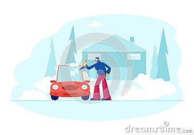 Man Stand at Auto Parked near of Cottage Cleaning Car Window with Spade from Ice and Snow at Winter Time Vector Illustration
