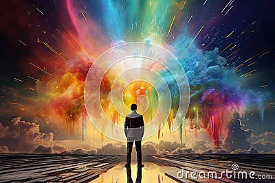 man stand in front of colorful rainbow cloud AI generated Stock Photo