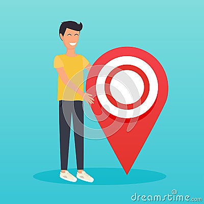 Man stand next to large map pointer. Flat design modern vector i Vector Illustration