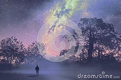 Man standing against the milky way above forest Cartoon Illustration