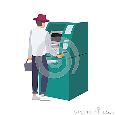 Man standing beside ATM and inserting credit card in slot. Person withdrawing money isolated on white background. Cash Vector Illustration