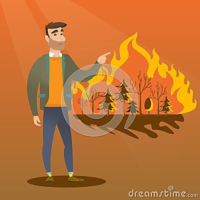 Man standing on the background of wildfire. Vector Illustration