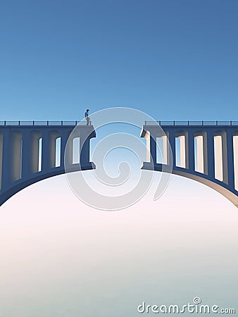 Bridge gap. Man standing on a broken bridge . Cartoon Illustration