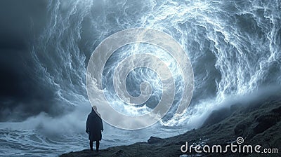 A man standing on a cliff looking at an enormous swirling vortex, AI Stock Photo