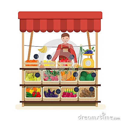 Man standing at counter of greengrocer`s shop or marketplace and selling fruits and vegetables. Male seller at place for Vector Illustration