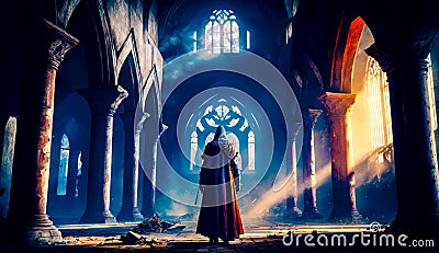 Man standing in dark cathedral with light shining through the windows. Generative AI Stock Photo