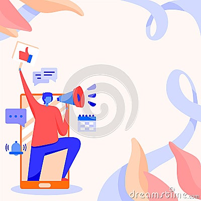 Man Standing Drawing Holding Loud Megaphone Raising Hand With Thumb Sign Mark. Gentleman Stands On Large Phone Holds Vector Illustration