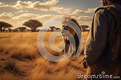 Man standing face to face with a lion generative AI Stock Photo