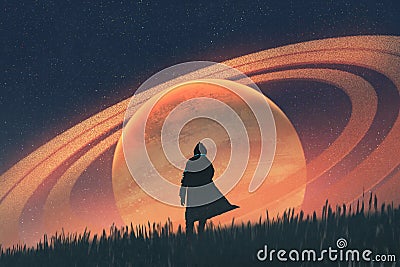 Man standing on field against the planet Cartoon Illustration