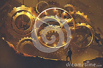 Man standing in front of the big golden clockwork Cartoon Illustration