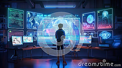 A man standing in front of a bunch of monitors. AI generative image Stock Photo