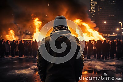 Man standing in front of a burning building in the middle of the city, Back view Aggressive man without face in hood against Stock Photo