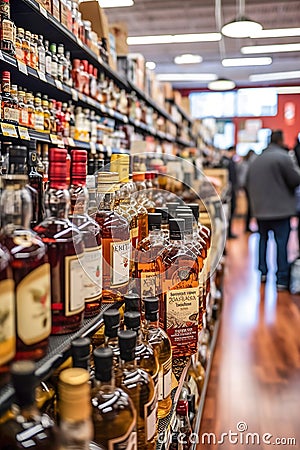 A man standing in front of a display of bottles in alcohol store. Stock Photo