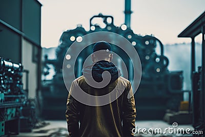 Man standing in front of factory with large machine in the back ground. Generative AI Stock Photo