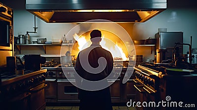 Man standing in front of fire in kitchen with stove. Generative AI Stock Photo