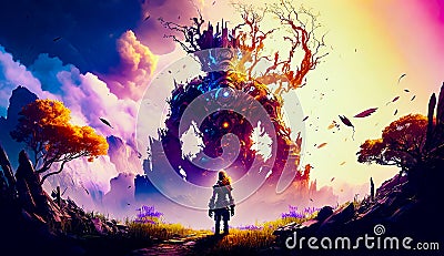 Man standing in front of giant robot in field of flowers. Generative AI Stock Photo