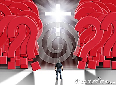 Man standing in front of glowing cross parting a giant wall of huge red question marks Stock Photo