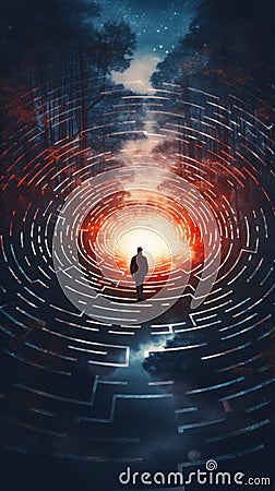A man standing in front of a glowing maze. Generative AI image. Stock Photo