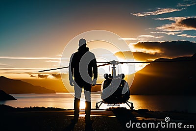 Man standing in front of helicopter on beach with the sun setting in the background. Generative AI Stock Photo