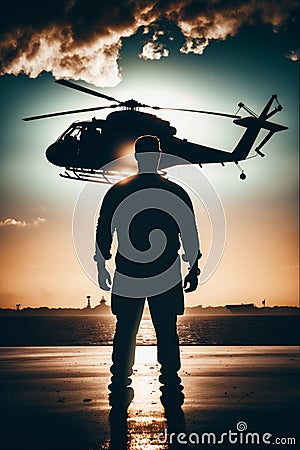 Man standing in front of helicopter on runway with the sun in the background. Generative AI Stock Photo