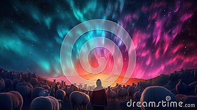A man standing in front of a herd of sheep. Generative AI image. Stock Photo
