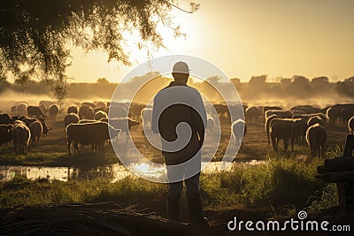 Man Standing in Front of a Herd of Sheep Stock Photo