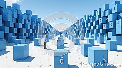 A man standing in front of a number of blue cubes. Generative AI image. Stock Photo