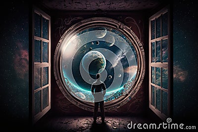 a man standing in front of an open window looking at planets. generative ai Stock Photo