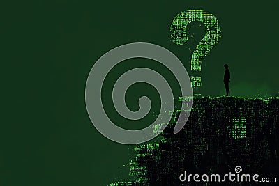 a man standing in front of question mark symbol on green ascii art. decision and confusion concept. Stock Photo