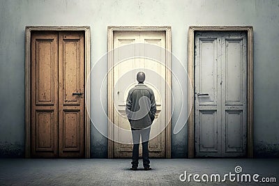 Man standing in front of vintage doors choosing right one, choice concept, generative AI Cartoon Illustration