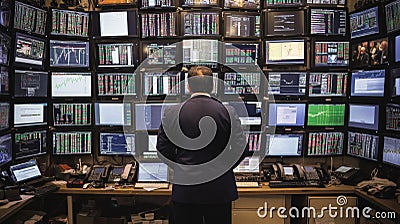 Man Standing in Front of a Wall of Computer Monitors Displaying Financial Data Stock Photo