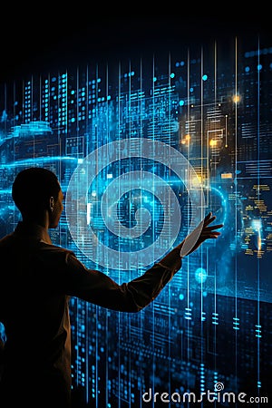 Man is standing in front of wall of data. Generative AI Stock Photo