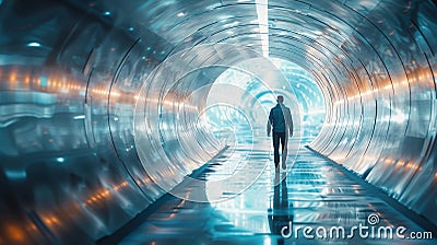 Man Standing in Futuristic Tunnel. Infinite Light Rings, Cool Blue Tones. AI Generated Stock Photo