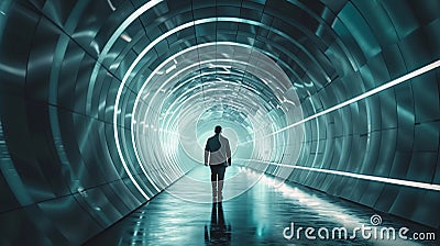 Man Standing in Futuristic Tunnel. Infinite Light Rings, Cool Blue Tones. AI Generated Stock Photo