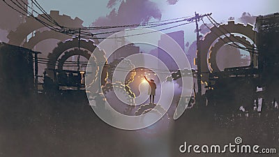 Man standing on giant gears in dark city Cartoon Illustration