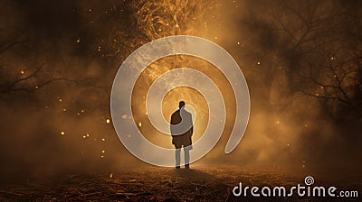 Man Standing In Golden Fog: Fantastical Dark Matter Art Stock Photo