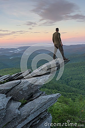 Man Standing High Rough Ridge Rock North Carolina Stock Photo