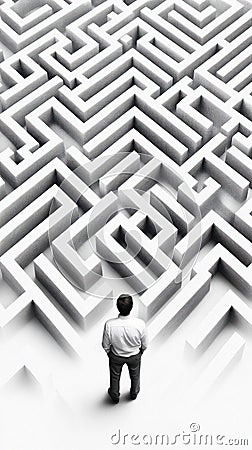 Man Standing Before an Intricate Maze Seeking a Path Cartoon Illustration