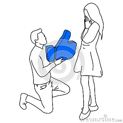 Man standing on knee making marriage proposal with like sign vector illustration sketch doodle hand drawn with black lines Vector Illustration