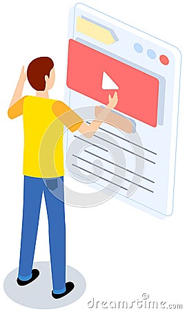 Man standing looks at poster with symbol. Programmer creating structure of video application Vector Illustration